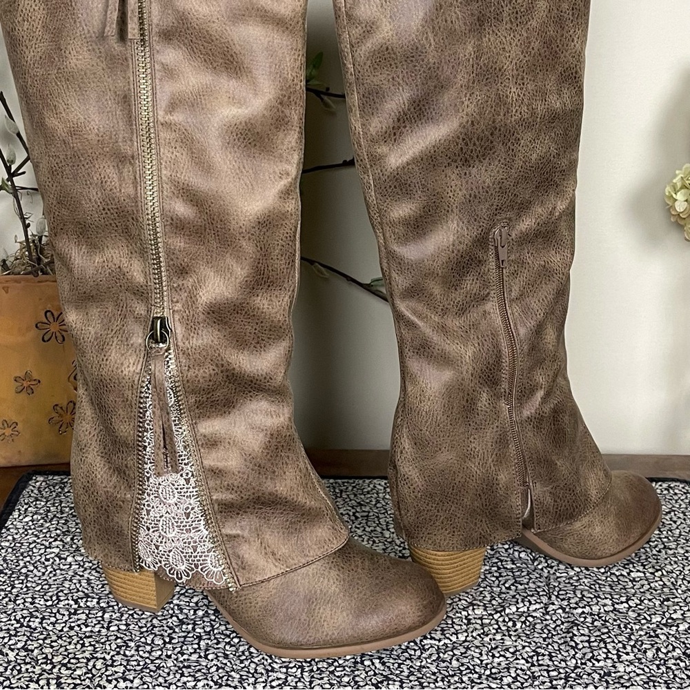Not Rated Sassy Classy Zipper Lace Inset Distressed Faux Leather Knee-High Boots - Picture 2 of 16